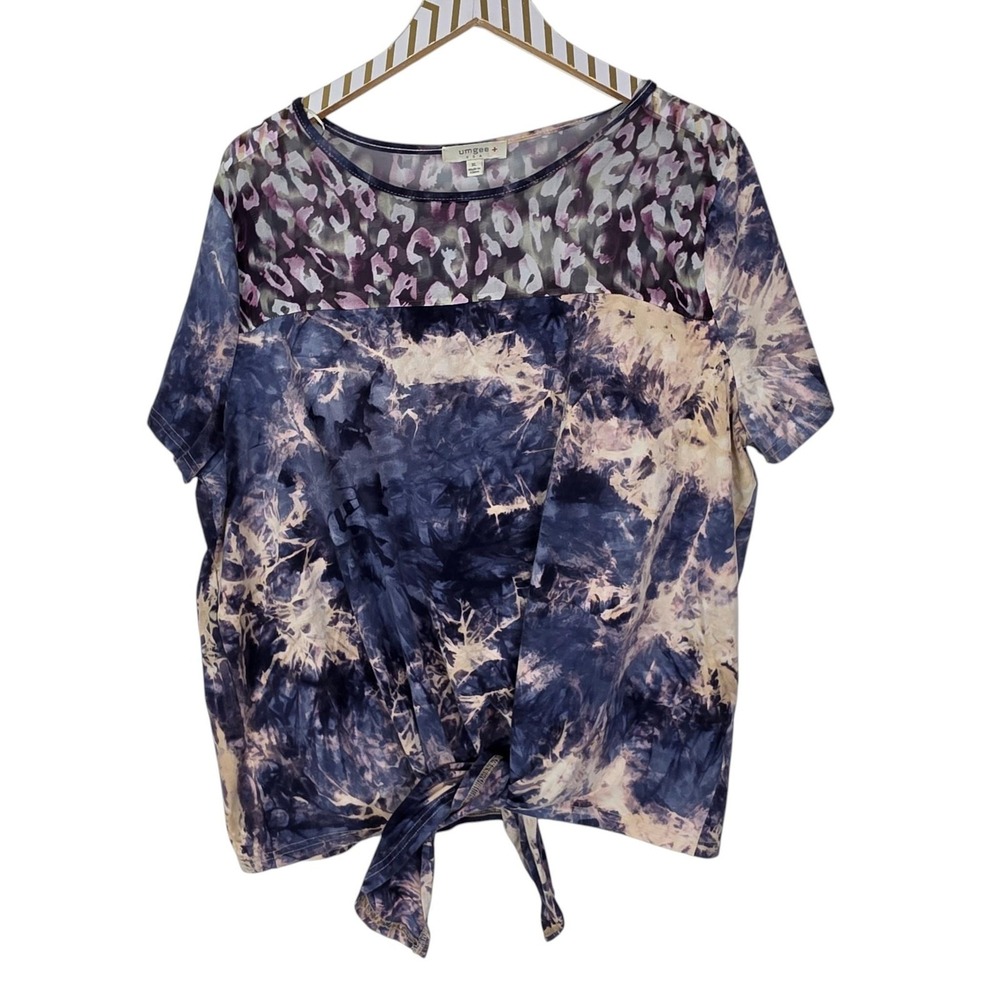 UMGEE Shirt Womens XL Blue Tie Dye Leopard Print Front Tie Top Boho